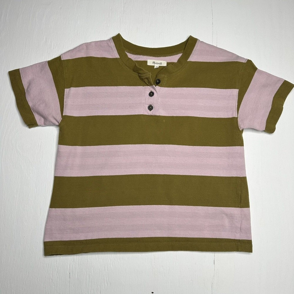 Madewell Womens Henley Tee Size‎ XS Rugby Stripe Pink Olive Green Short Sleeve
